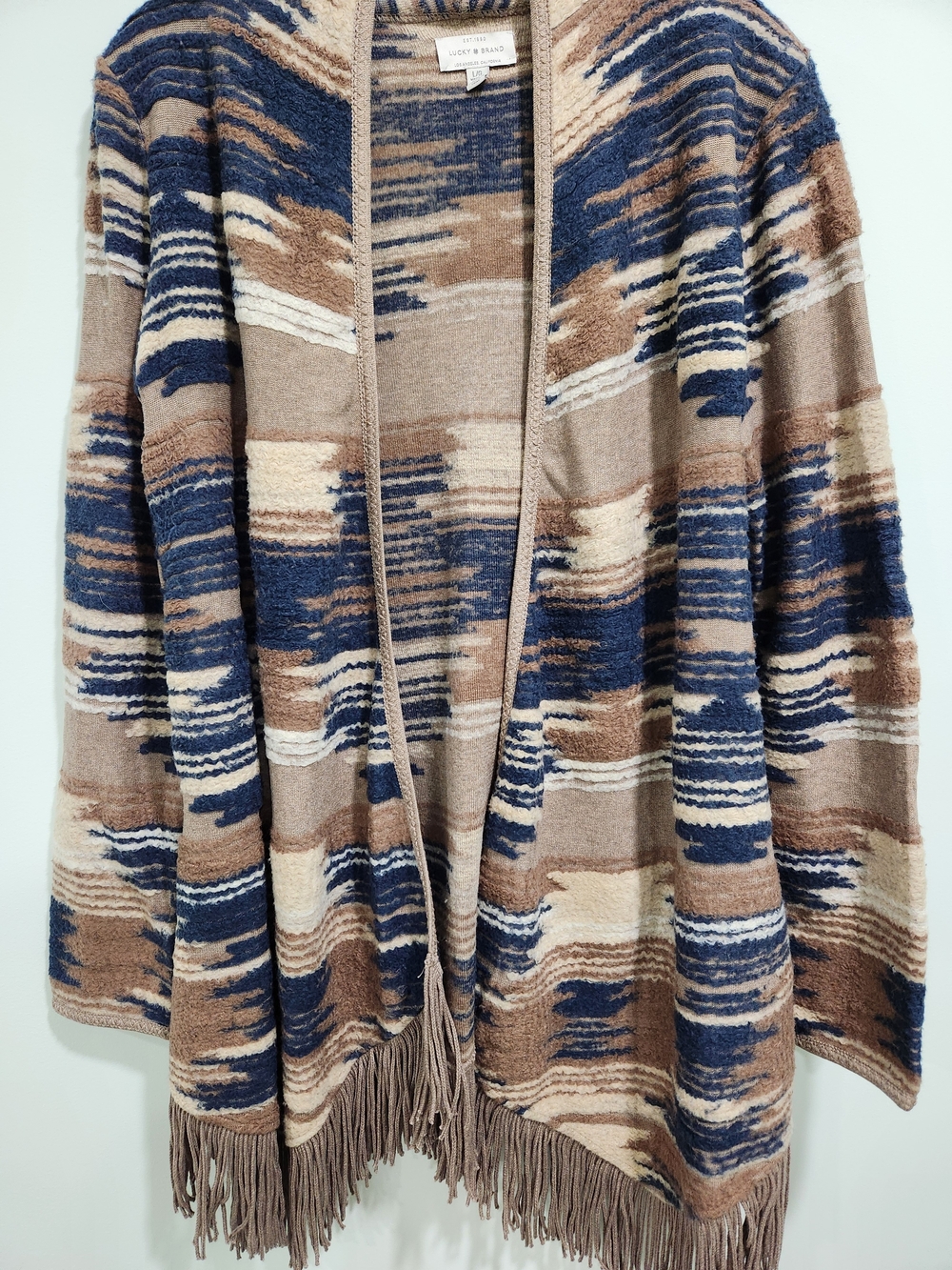 Lucky Brand Navy, Tan & Cream Open-Front Fringe Cardigan